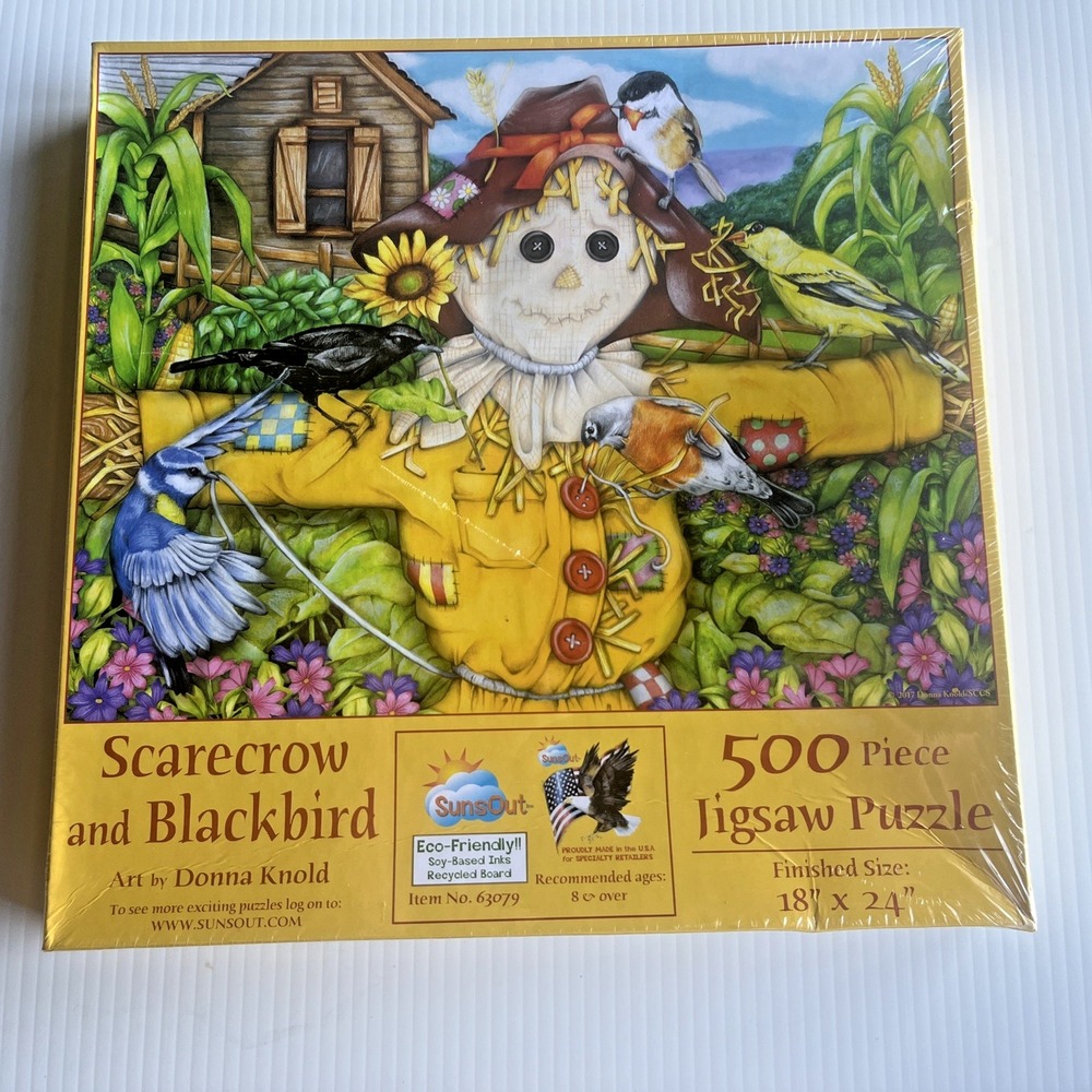 Jigsaw Puzzle Farm Life Scarecrow and Blackbird 500 pieces NEW made in USA
